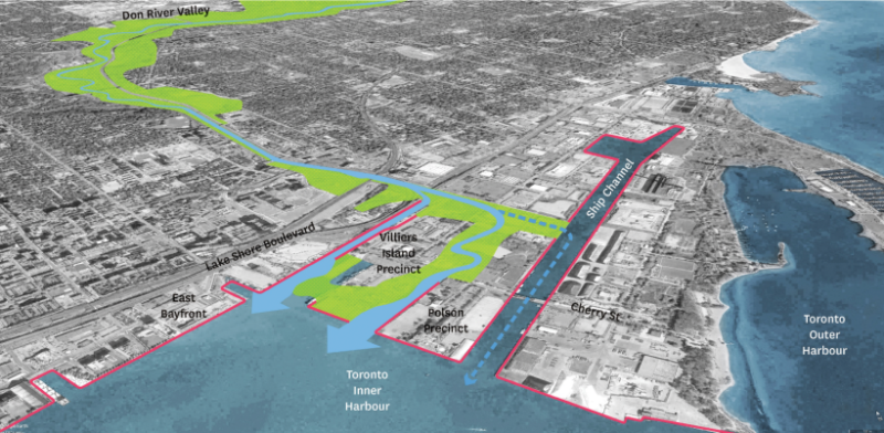 An aerial photo of Toronto with the Don River's flow into the Harbour marked.