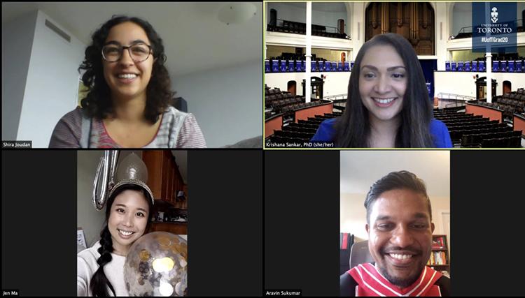 Four young people smile happily at each other in a Zoom chat.