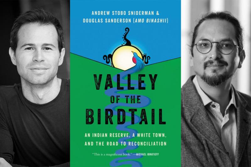 Andrew Stobo Sniderman and Amo Binashii with the book cover of Valley of the Birdtail.