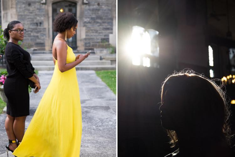 Left: Timaaj Hassen, in the yellow dress, is a graduate of U of T's Transitional Year Program – an eight-month, full-time bridging program that helps students acquire the qualifications to enter university. Right: a student listens to keynote speaker and alumna Dionne Brand, an award-winning writer, filmmaker and activist.