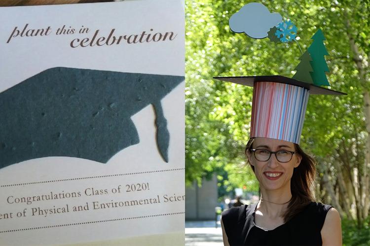 Ellen Gute smiles as she wears a tall striped hat, topped with a mortarboard, two cardboard trees and a snowflake.