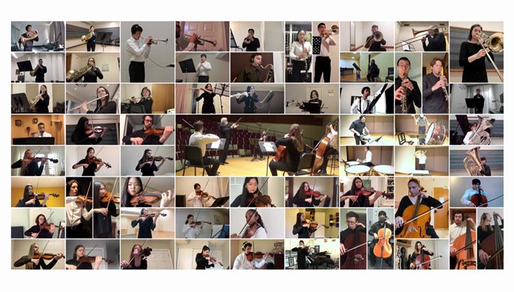A grid of images shows nearly 50 musicians playing together on a Zoom call.