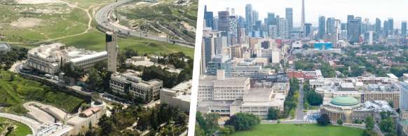 Aerial photo of Hebrew University of Jerusalem campus beside aerial photo of University of Toronto campus.