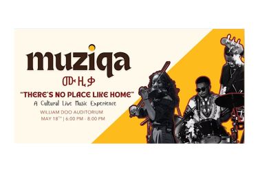 MUZIQA poster showing day (May 18th, 2025 6pm-8pm) and location (William Doo Auditorium). Additionally, students playing violin, guitar, and drums.