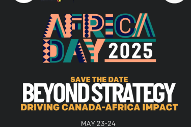 A vibrant event poster with bold text announcing 'Africa Day 2025' at the top. The words 'ONE' and 'African Studies Centre' appear above the 'UNIVERSITY OF TORONTO' logo. The central focus is the large, stylized title 'AFRICA  DAY 2025,' with the tagline 'BEYOND STRATEGY: DRIVING CANADA-AFRICA IMPACT' below. The text 'SAVE THE DATE' is highlighted, followed by the event dates 'MAY 23-24' and location: 'SCHWARTZ REISMAN INNOVATION CAMPUS, UNIVERSITY OF TORONTO.'