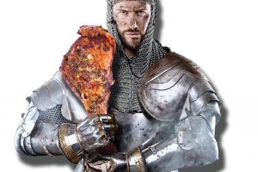 Knight holding an oversized roasted turkey leg like a club.