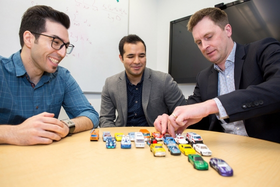 From left: Sina Bahrami, Mehdi Nourinejad and Professor Matthew Roorda designed an algorithm to optimize the design of parking lots for autonomous vehicles, increasing their capacity by an average of 62 per cent (photo by Roberta Baker) 