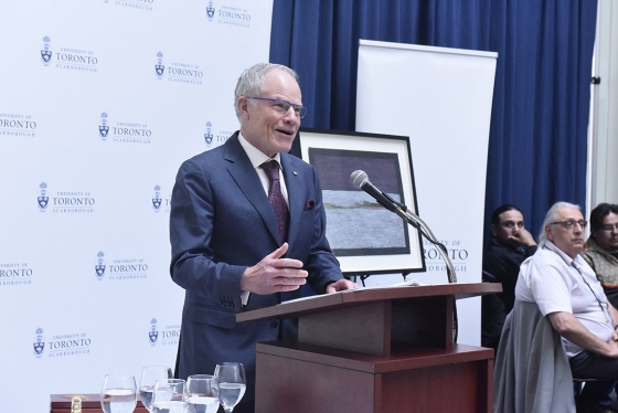 "Bruce (Kidd) has been a true champion of our role as a city-building institution," said U of T President Meric Gertler at Friday's farewell reception for the U of T Scarborough principal and vice-president (photo by Ken Jones) 