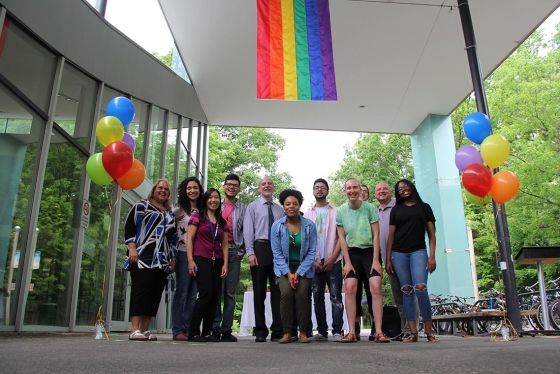Vice-President and Principal of U of T Mississauga Ulrich Krull (centre) kicked off Pride month Friday with the raising of the Pride flag (photo by Blake Eligh) 