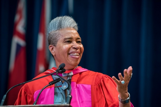 Dionne Brand was given a Doctor of Letters, honoris causa, on Wednesday “for her outstanding service for the public good as an educator, filmmaker and activist, and for her excellence in the arts as a poet and author” (photo by Steve Frost) 