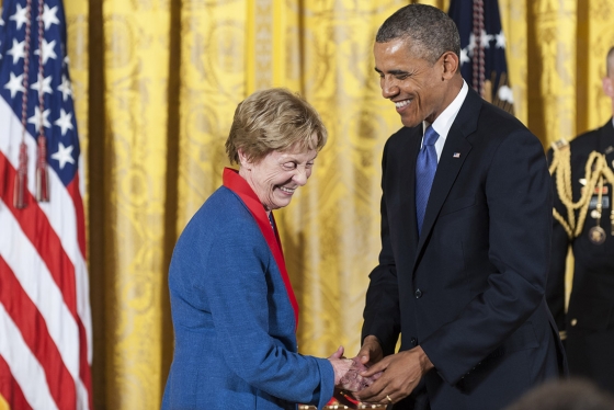 Jill Ker Conway receives a 2012 National Humanities Medal from U.S. president Barack Obama during a ceremony on July 10, 2013. Conway was recognized for her contributions as a historian and trailblazing academic (photo by Pete Marovich/Getty Images) 