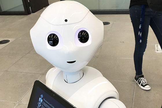 Pepper the robot is the newest addition to U of T Engineering’s Autonomous Systems and Biomechatronics Lab. It is the first humanoid robot capable of recognizing and adapting to human emotions (photo by Liz Do) 
