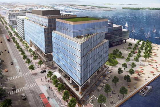 A rendering of the Waterfront Innovation Centre, from the northwest corner looking toward Sugar Beach (courtesy of Menkes) 