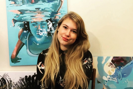 Rachel McKenna-Marshall of the John H. Daniels Faculty of Architecture, Landscape, and Design with paintings based on photographs she took of her friends under water 