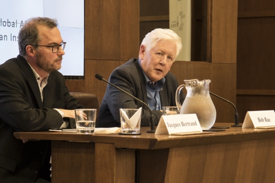 U of T Professor Jacques Bertrand (left) speaks with Bob Rae (right) about his report on the Rohingya crisis at the Munk School of Global Affairs (photo by Noreen Ahmed-Ullah) 