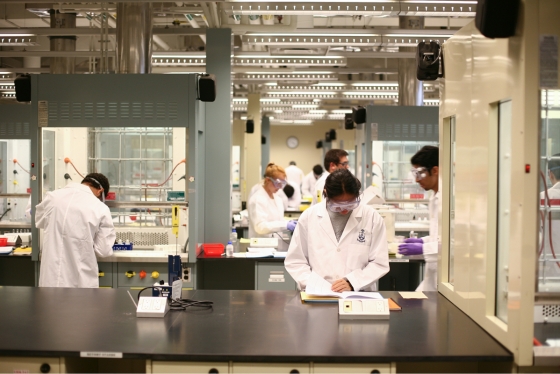 A diverse group of people in lab coats and safety goggles work intently the beakers, books and equipment in a lab at U of T's Department of Chemistry.