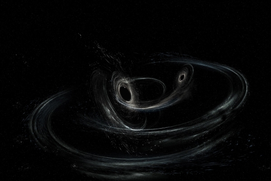 Illustration shows two merging black holes similar to those detected by LIGO. The black holes are spinning in a non-aligned fashion with different orientations (courtesy of LIGO/Caltech/MIT/Sonoma State/Aurore Simonnet) 