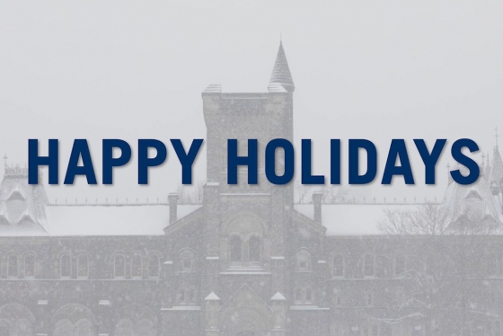 Screenshot from President's message with snow falling and a "Happy Holidays" banner.