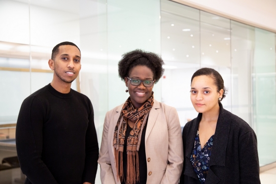 U of T medical students Semir Bulle (left) and Chantal Phillips (right) with Dr. Onye Nnorom, MD Black health lead of the MD program (photo by Julia Soudat) 