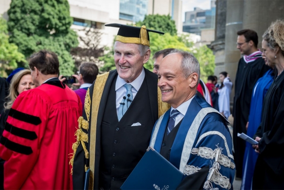 Michael Wilson and U of T President Meric Gertler at Wilson's last convocation as chancellor in June (photo by Steve Frost) 