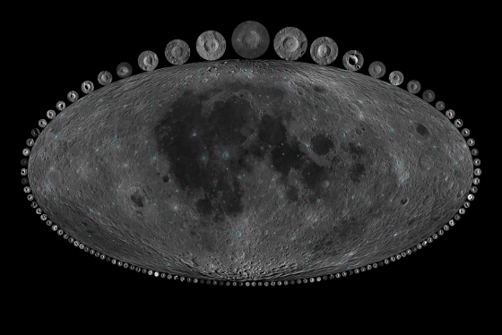 The image shows a map of all the lunar craters included in this study, with small images showing the study craters at their respective sizes relative to Copernicus, pictured at the top (data from NASA GSFC / LRO / USGS; image by Alex Parker) 