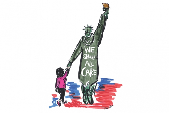 Justin Teodoro’s drawing shows the Statue of Liberty wearing a jacket saying “WE SHOULD ALL CARE” and walking hand-in-hand with the crying girl from Getty photographer John Moore's famous photograph. (illustration courtesy of Justin Teodoro)