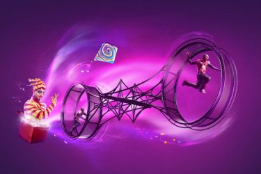 Circus clown with two wheels in motion on purple background.