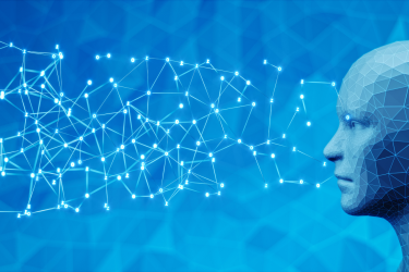 A digital wireframe representation of a human head in profile interacts with a network of glowing nodes and lines, symbolizing artificial intelligence and data processing against a futuristic blue-toned background.