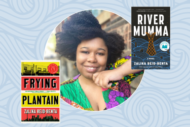 Canadian author Zalika Reid-Benta leaning against brick wall smiling at the camera. Pictured with her is book covers for River Mumma and Frying Plantain on a light blue background with swirled a texture.
