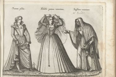 Pencil drawing of three women dressed in gowns. 