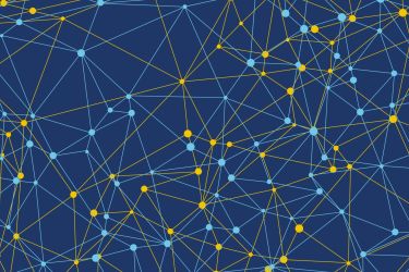 Abstract network illustration featuring interconnected yellow and light blue nodes linked by lines on a dark blue background, symbolizing data, communication, or digital connections.