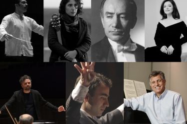 Collage of pictures of the musicians and composers involved in the Iranian Music Concert