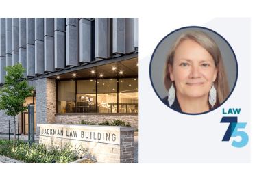 Image of U of T Law Building and portrait photo of speaker 