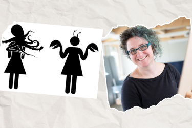 Image of Kaethe Wenzal next to images of humaniod pictograms from her workshops. 