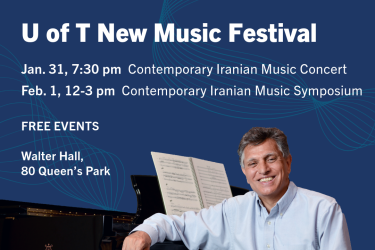 Written details about Iranian Music Concert and Symposium, composer Reza Vali sitting at piano