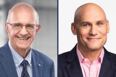 Photograph (left) of Professor and Dean Emeritus the Honourable Frank Iacobucci and (right) U of T Law Professor and Osler Chair in Business Law, Benjamin Alarie (JD MA 2002).