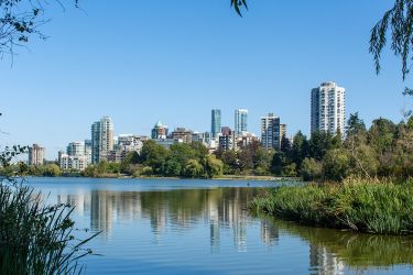 Vancouver skyline across the water in springtime