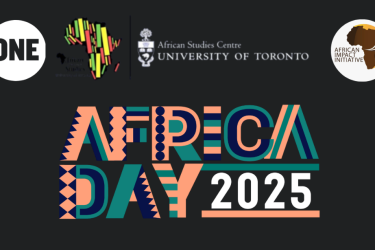 A vibrant event poster with bold text announcing 'Africa Day 2025' at the top. The words 'ONE' and 'African Studies Centre' appear above the 'UNIVERSITY OF TORONTO' logo. The central focus is the large, stylized title 'AFRICA  DAY 2025,' with the tagline 'BEYOND STRATEGY: DRIVING CANADA-AFRICA IMPACT' below. The text 'SAVE THE DATE' is highlighted, followed by the event dates 'MAY 23-24' and location: 'SCHWARTZ REISMAN INNOVATION CAMPUS, UNIVERSITY OF TORONTO.'
