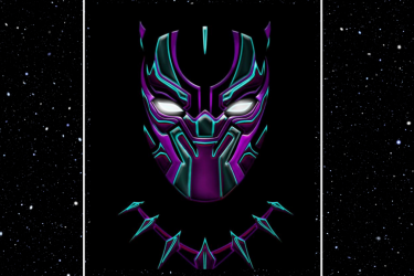 Black panther mask with purple and blue strips against a star filled black background