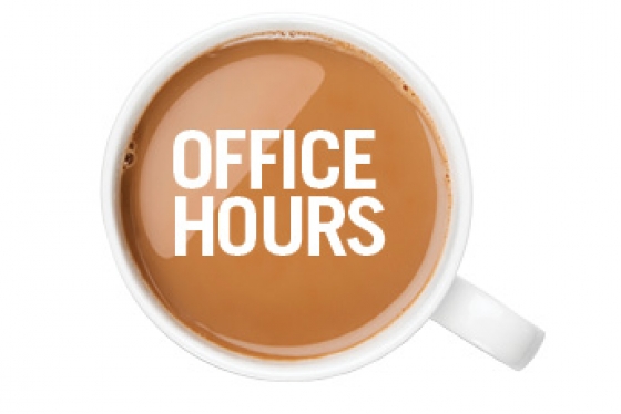overhead view of a full coffee cup with the words "Office Hours" written in block letters