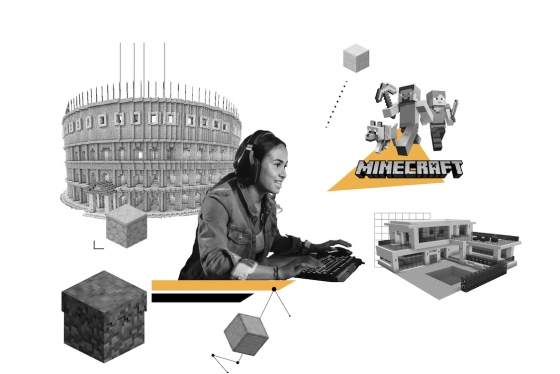 Girl with headphones on a computer with building blocks around her