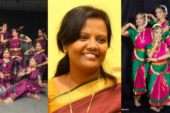 Female Tamil musicians, dancers and singers in traditional colourful dress.