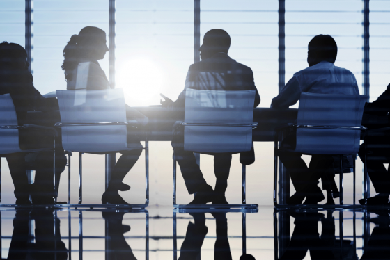 Silhouette of group of adults around a business board table in discussion.