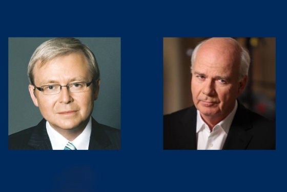 Speakers, Kevin Rudd and Peter Mansbridge, white males, shown in portrait.