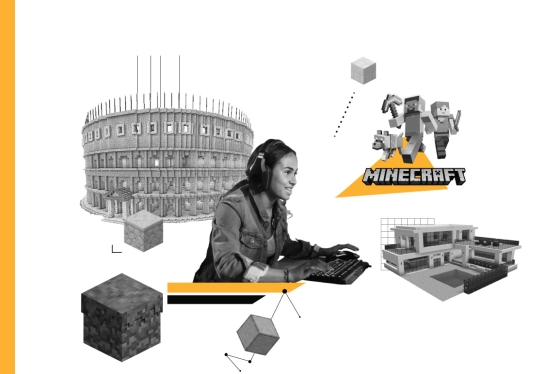Collage with girl in centre on a computer, surrounded by shapes and buildings, says Minecraft.