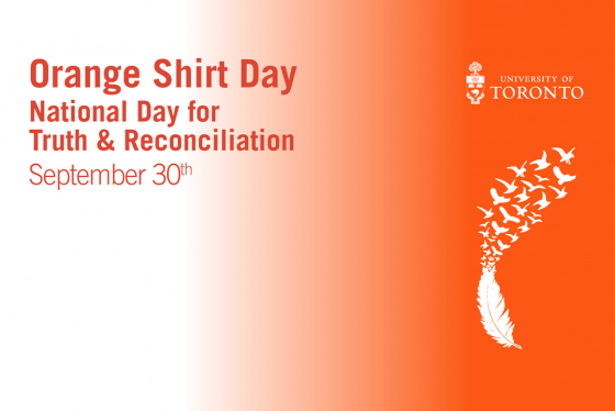 White fading to orange, with a feather that changes into birds. Text reads "Orange Shirt Day National Day for Truth & Reconciliation September 30th"