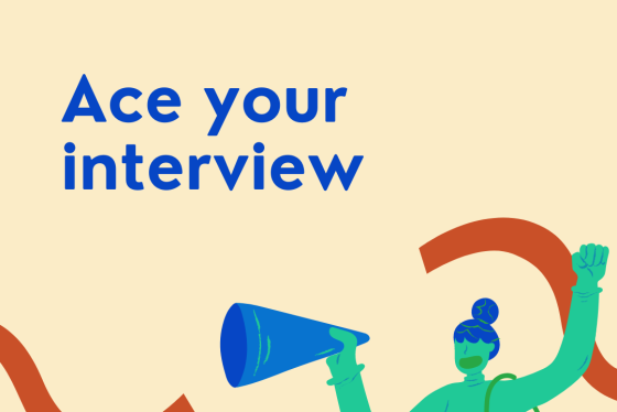 Illustration of woman cheering with megaphone and headline says Ace your interview.