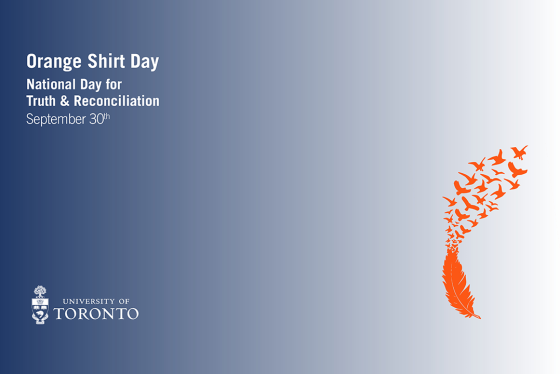 Blue background fades to white and features an orange feather that changes into small birds. Text reads, "Orange Shirt Day / National Day for Truth & Reconciliation / September 30th".