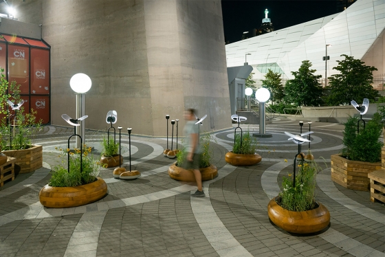 At night, a man walks by a series of smooth oval wooden planters holding plants, and light fixtures shaped like insect wings.