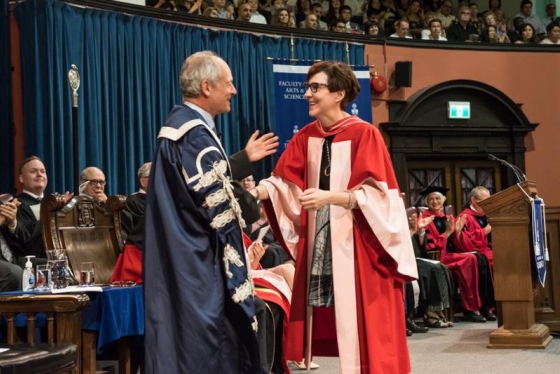 Cindy Blackstock speaks with U of T President Meric Gertler as she receives a Doctor of Laws, honoris causa, from U of T on Monday (photo by Lisa Sakulensky) 